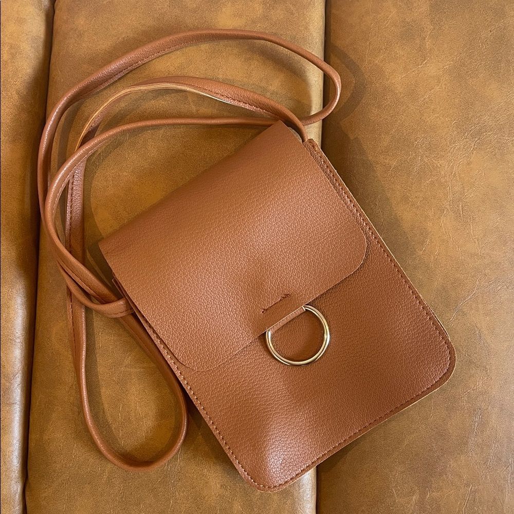 MKF Collection Small Crossbody Bag NWOT Cognac Brown Pebbled Faux Leather